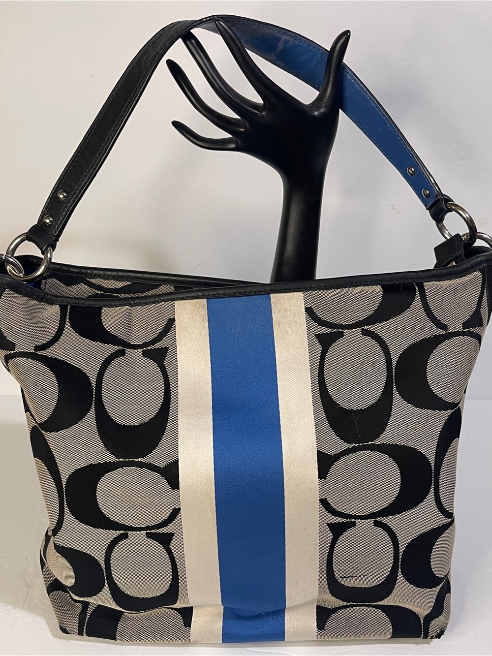Coach Heritage Stripe Tote F14477 Y2K Signature C Shoulder Bag Black Blue White - Picture 3 of 16